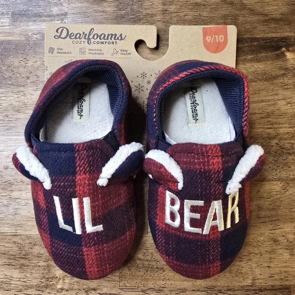 Dearfoams Lil Bear Slippers Kids Size 9/10 Red Blue Buffalo Plaid NWT